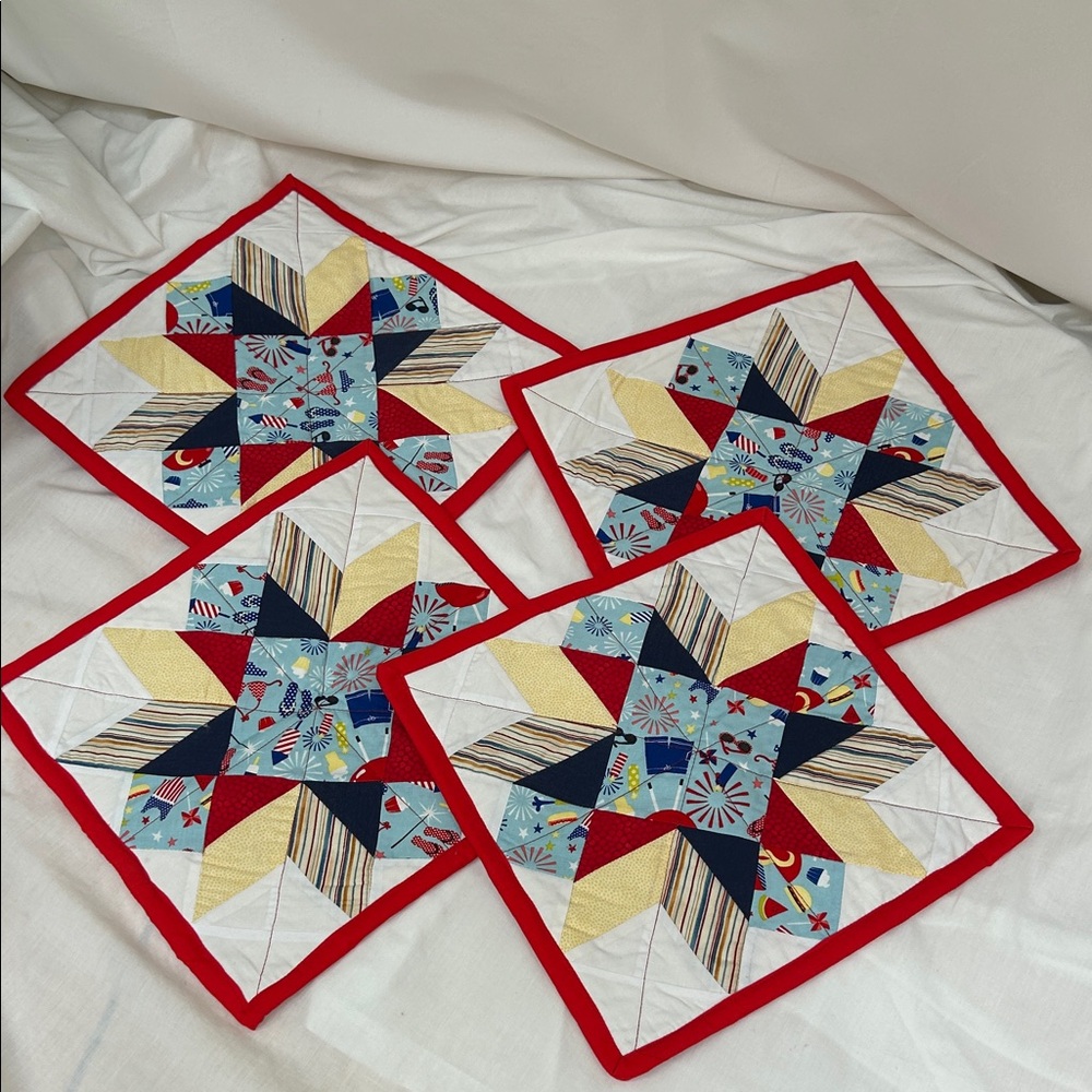 Hand Crafted Star Quilted Placemats Table Toppers Set of 4 Patriotic Summertime
